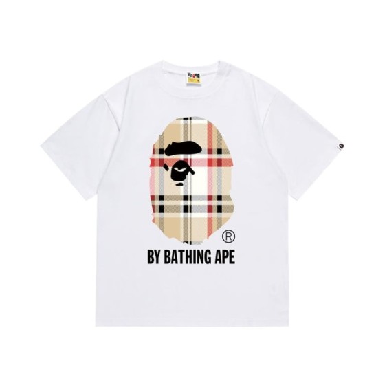 White BAPE T-Shirt with Plaid Print Ape Head and "BY BATHING APE" Logo